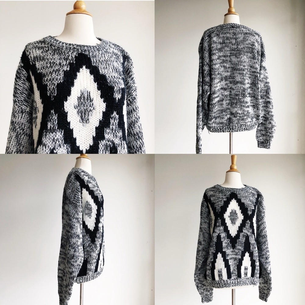 Vintage black white gray chevron chunky knit crewneck oversized grandpa sweater - Picture 1 of 16